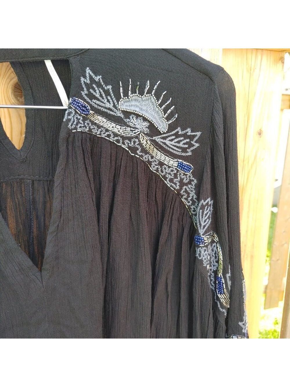 FREE PEOPLE Sweet Fantasy Beaded And Embroidered Boho Blouse Black Women's Large - Picture 9 of 15